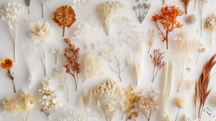 Assorted dried flowers and plants arranged on a white surface.