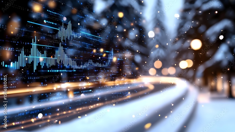 Poster abstract financial data visualization with glowing light trails and stock market graphs on blurred w