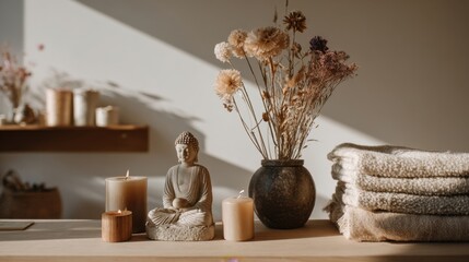 Serene interior decor with Buddha statue candles and cozy towels on wooden shelf.