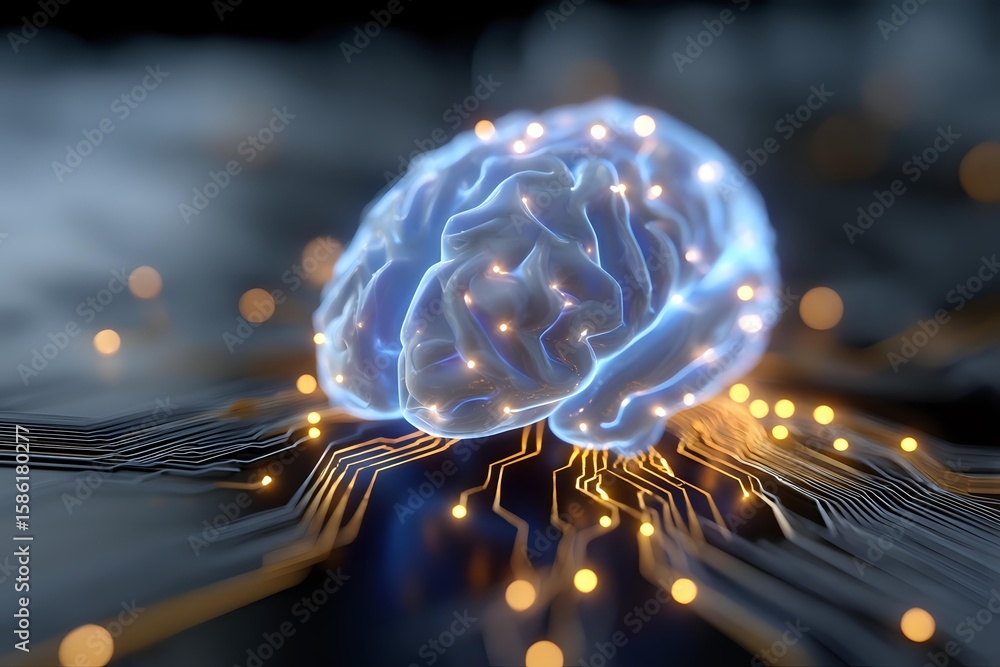 Poster glowing blue brain hologram floating above circuit board with orange light connections, representing