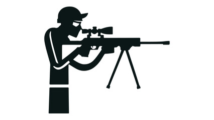 black and white silhouette of a sniper with sniper riffle in hands targeting someone, icon of a person with sniper icon