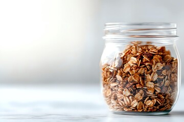 Homemade crunchy granola with nuts and seeds stored in glass mason jar on light background, healthy breakfast concept for food blogs and recipes.