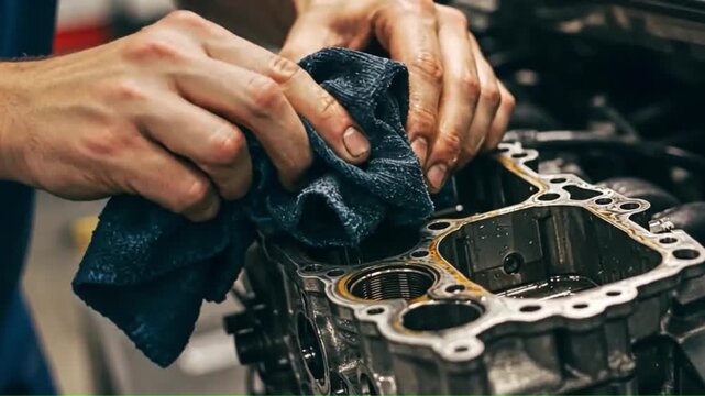 Hands cleaning engine block with a cloth
