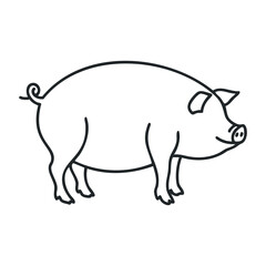 Fototapeta premium Outline of a smiling pig with curly tail on white background. Outline vector illustration