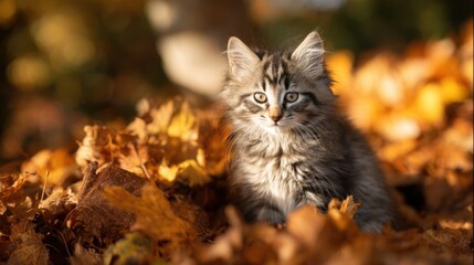 Naklejka premium Adorable young Maine Coon kitten sitting amidst colorful autumn leaves outdoors in sunlight.