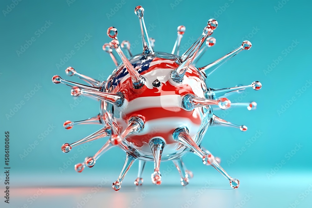 Poster red and white spherical virus model with protruding spikes on turquoise background shows molecular s