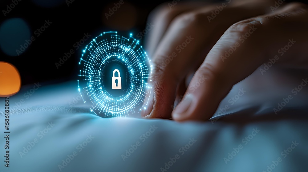 Aufkleber glowing digital padlock hologram with futuristic circular interface on dark background, finger touch