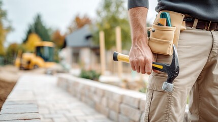 Construction worker holding a hammer on a job site with paving work in progress