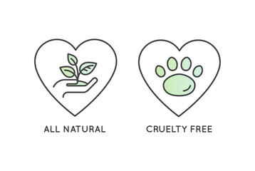 Eco-label with cruelty free, vegan, green product, and 100% natural concepts. Vector badges for sustainable, ethical, plant-based, and animal-friendly packaging outline icon design, animal testing 