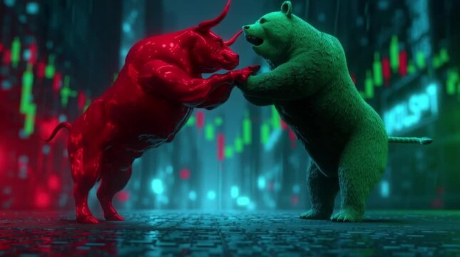 Red bull and green bear face each other on a city street with data stream background