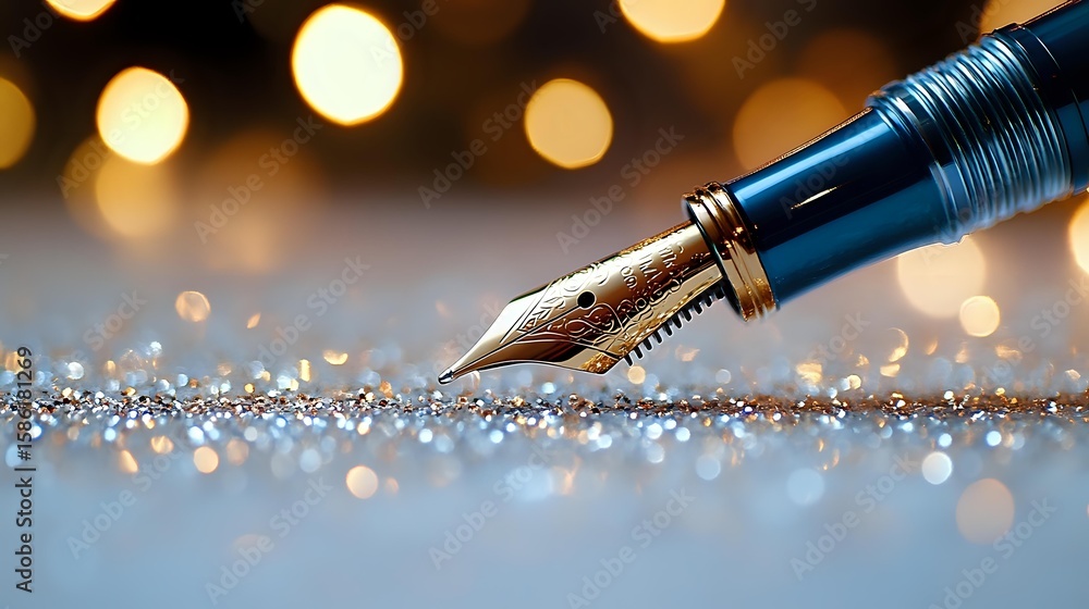 Aufkleber elegant fountain pen nib on glittering surface with golden bokeh lights in background, creating magi