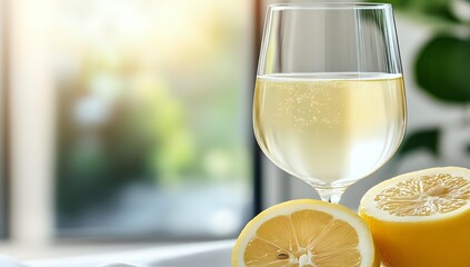 Glass of chilled white wine with fresh cut lemons on bright background, selective focus. Refreshing summer drink composition for restaurant menu.