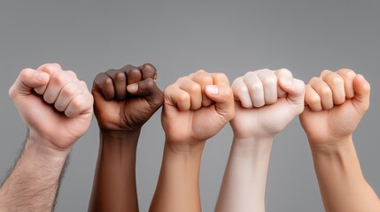 Group of raised fists in solidarity, symbol of unity, strength, and diversity