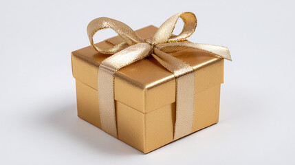 Elegant single gift box in gold wrapping with satin ribbon, minimal and luxurious style perfect for adult birthday, isolated on transparent background 