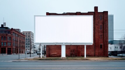 Obraz premium Large blank white billboard on urban street with red brick building and cityscape background.