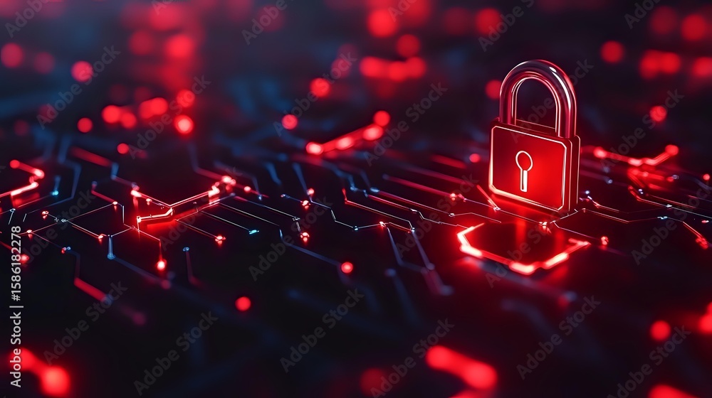 Poster glowing red padlock icon on digital circuit network background with neon light effects, representing