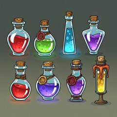 A set of artistic vials with colorful liquids and botanical elements, arranged in a picturesque composition on a wooden table, illuminated by a warm, soft light