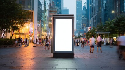 Modern digital advertising display on busy city street at dusk with people walking.