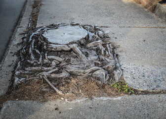 a tree removed with compacted and exposed roots that have grown up over and around a concrete sidewalk. stump. belowground ecosystem risk assessment and root growth. urban forestry design element