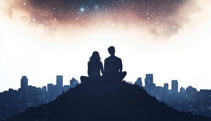 Fototapeta premium Romantic Silhouette: Couple Gazing At Stars From Hilltop Above City. Serene Scene Of Love And Stargazing Under Night Sky.