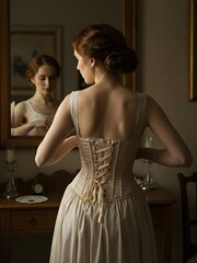 A woman in a vintage corset fastening it in the back, with her reflection in a bedroom mirror.