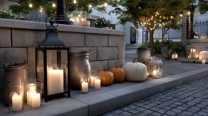 Beautiful autumn display features glowing pumpkins and candles, creating a festive ambiance enhanced by twinkling lights in the evening