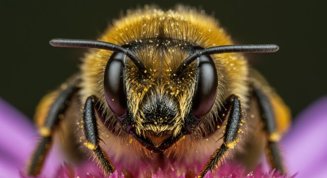 Detailed macro image captures a bee covered with pollen collecting on a vibrant pink flower.