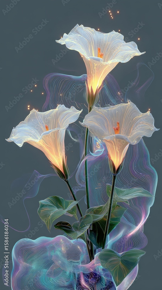 Poster three glowing white lilies with intricate light patterns and ethereal swirls on a dark background.