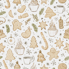 Seamless winter pattern with gingerbread cookies, cupcakes, stars, and candy canes. Great for Christmas wrapping, packaging, textiles, and festive designs