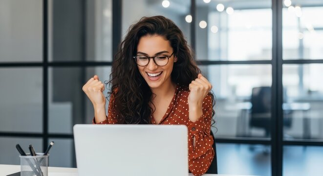 A happy woman with curly hair and glasses cheers while looking at her laptop in an office