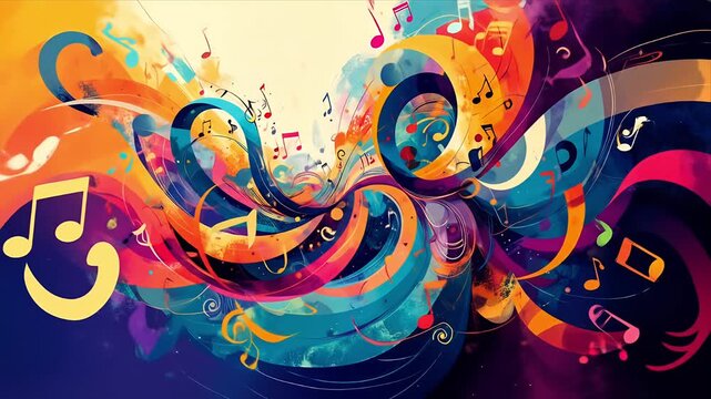 Abstract colorful swirl of musical notes and ribbons with vibrant tones