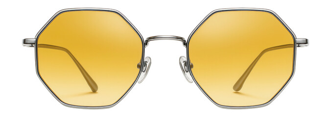 Geometric hexagonal sunglasses with thin metal frames and yellow lenses