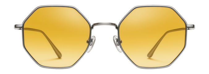 Geometric hexagonal sunglasses with thin metal frames and yellow lenses