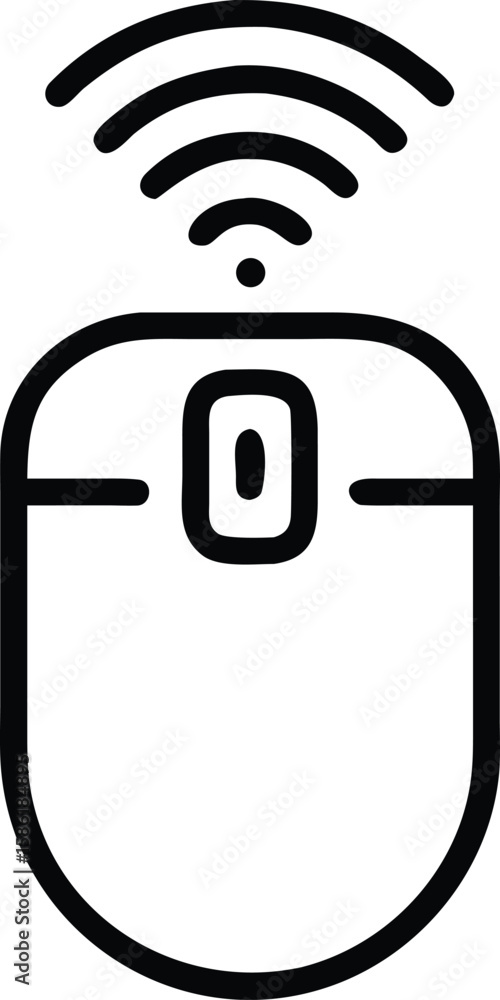 Aufkleber wireless computer mouse line icon, device with connection signal symbol, outline drawing