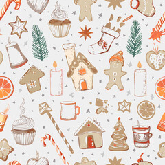 Seamless winter pattern with gingerbread cookies, cupcakes, stars, and candy canes. Great for Christmas wrapping, packaging, textiles, and festive designs