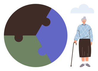Elderly woman holding cane by circular puzzle with blue, green, and brown pieces. Ideal for themes thumbs up aging, senior care, community, health, inclusion diversity support. Simple flat metaphor
