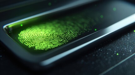 Close-up of a fingerprint scanner on a mobile device illuminated with green data pattern.
