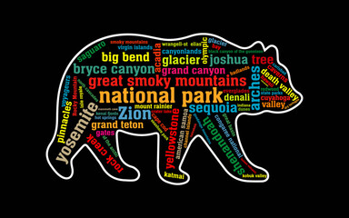 National Parks USA List Word Cloud Bear Camping Hiking t-shirt quotes svg design