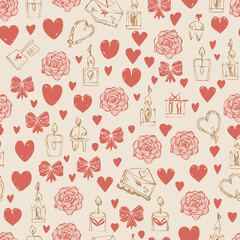 Elegant romantic seamless pattern with hearts, perfume bottles, roses, bows and vintage details. Ideal for Valentine's Day, packaging and feminine design themes.