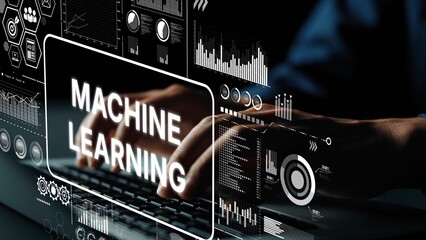 Hands Typing on Keyboard with Digital Overlay Representing Machine Learning and Data Analysis...