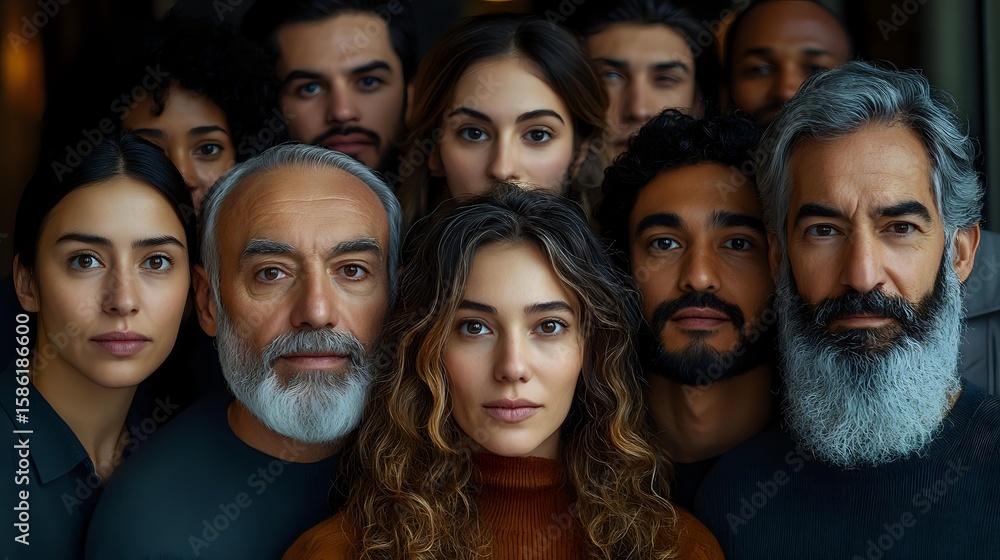 Poster diverse group of people with different ages and ethnicities looking directly at camera against dark 