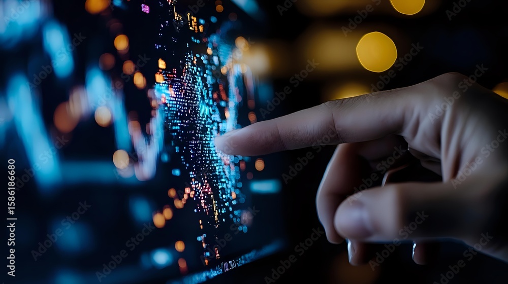 Poster Finger pointing at digital financial chart with glowing blue data visualization and bokeh lights, representing stock market analysis and trading technology.