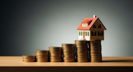 Miniature house on gold coin stacks symbolizes investment growth, housing markets, and the increasing cost of real estate and mortgages.