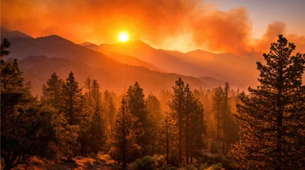 Rolgordijnen zonder boren Scenic landscape of sun setting behind mountains with fiery orange sky and forest of tall pine trees. © AI Images