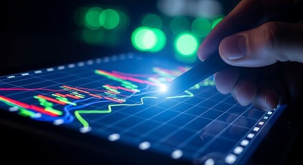 Analyzing financial market trends with a digital pen on a smart tablet shows investment strategy and stock market analysis using modern technology.