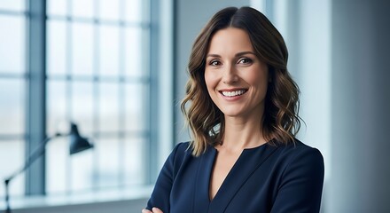 Fototapeta premium Confident businesswoman with a charming smile poses in a modern office, showcasing professionalism and corporate leadership with elegance and poise.
