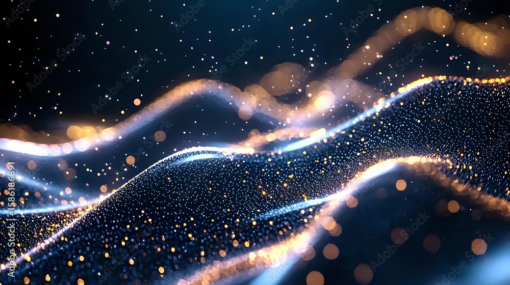Poster glowing waves of light particles flow through dark space creating dynamic motion effect with sparkle