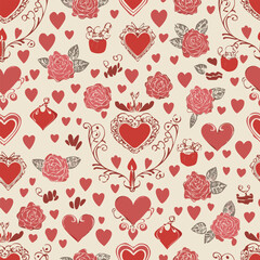 Elegant romantic seamless pattern with hearts, perfume bottles, roses, bows and vintage details. Ideal for Valentine's Day, packaging and feminine design themes.
