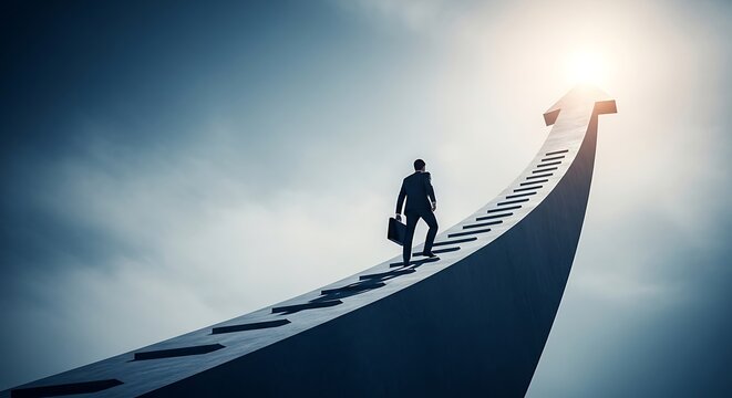 Businessman ascending upward arrow towards success, aiming high in his career, reflecting ambition and corporate ladder achievement.