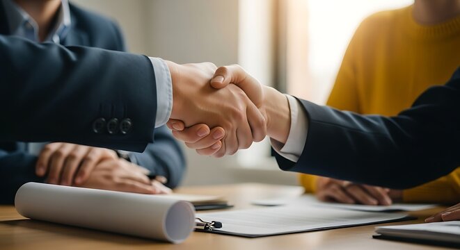 Business deal happens as partners shake hands over documents, cementing a new agreement and promising future collaboration between involved parties. - Powered by Adobe